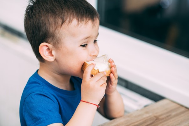 un enfant qui mange une tartine