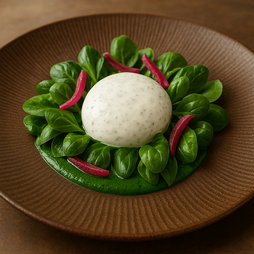 Œuf mollet, Boursin® en chaud froid et coulis vert par le Chef Nabil Zemmouri