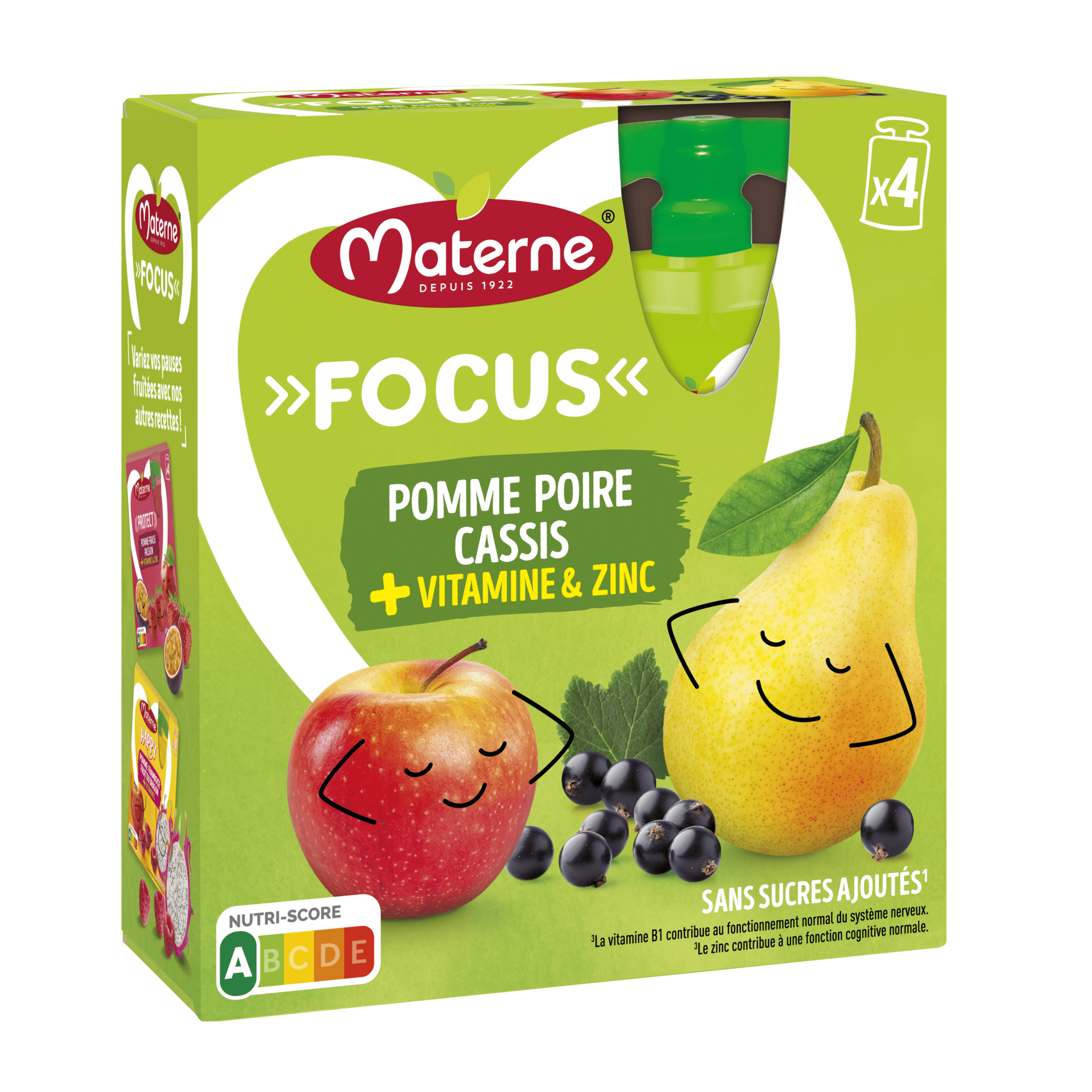 Materne® SSA Bénéfices " Focus " Pomme Poire Cassis + Vitamine & Zinc 4x90g  - Ribambel